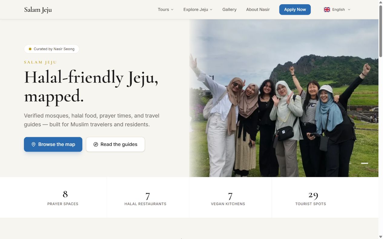 The live Salam Jeju homepage, with Jeju travel information for Muslim visitors.